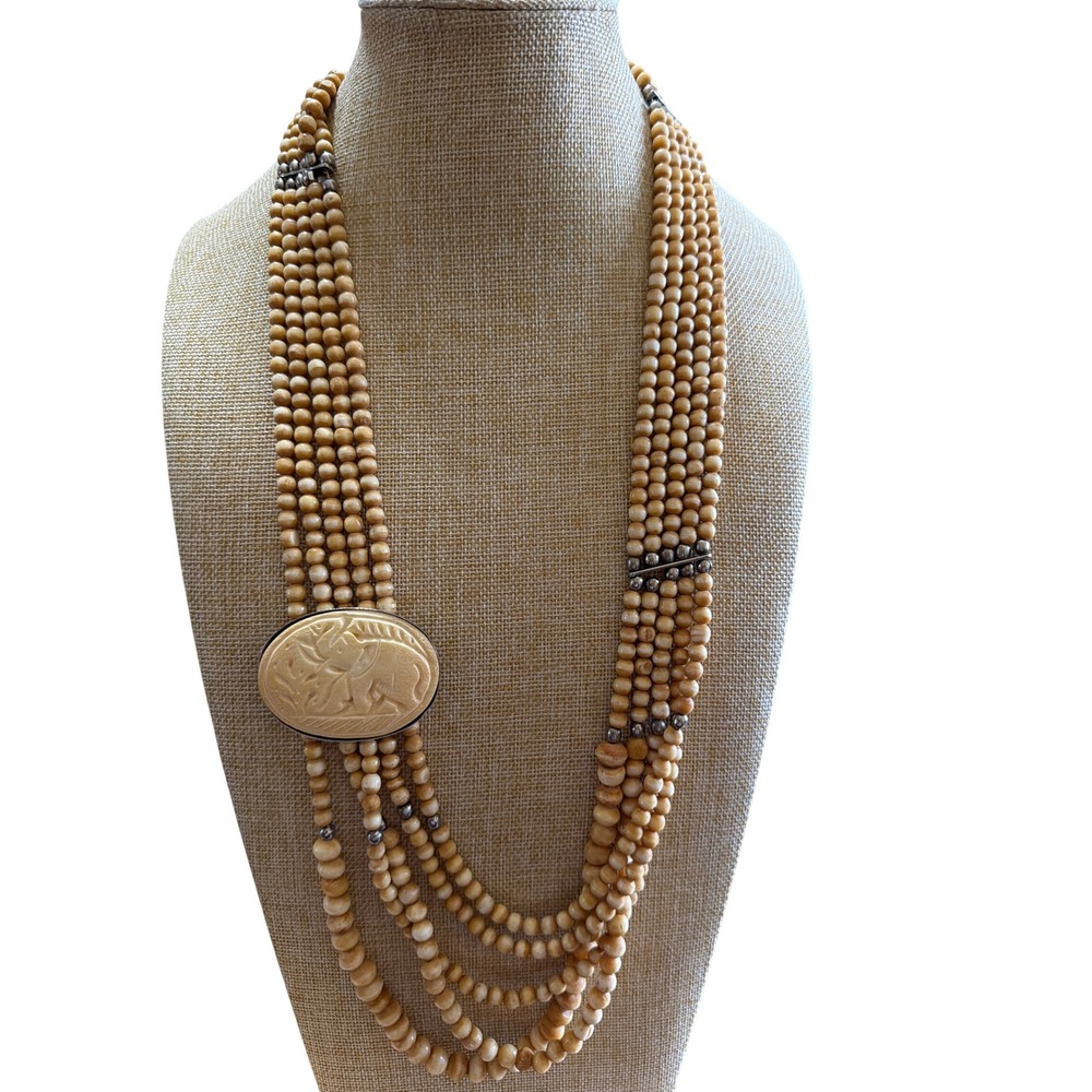 Vintage Style Carved Elephant Medallion Multistrand Beaded Necklace Cream Safari